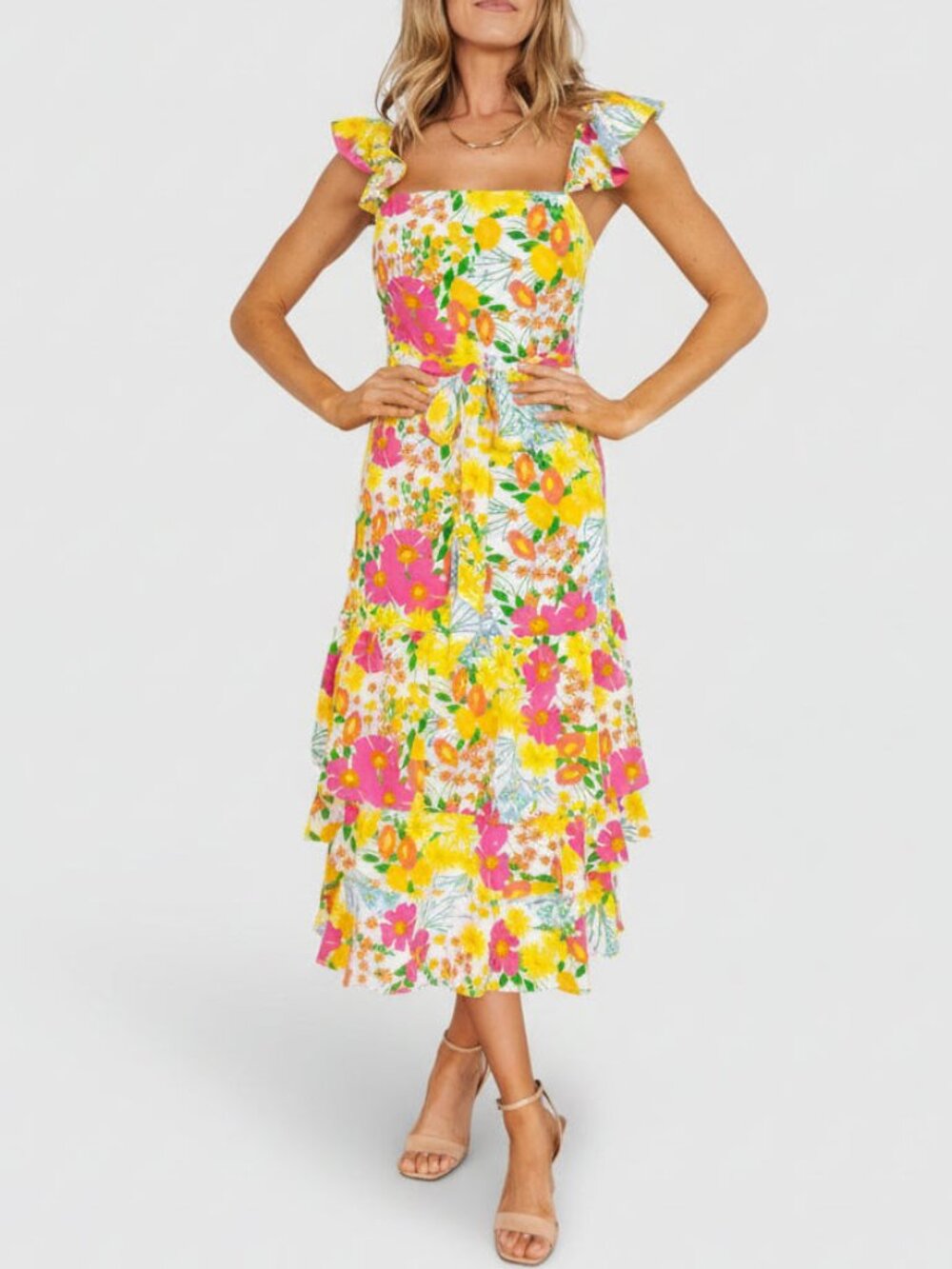 Baltic Born Yellow Pink Floral Midi Dress